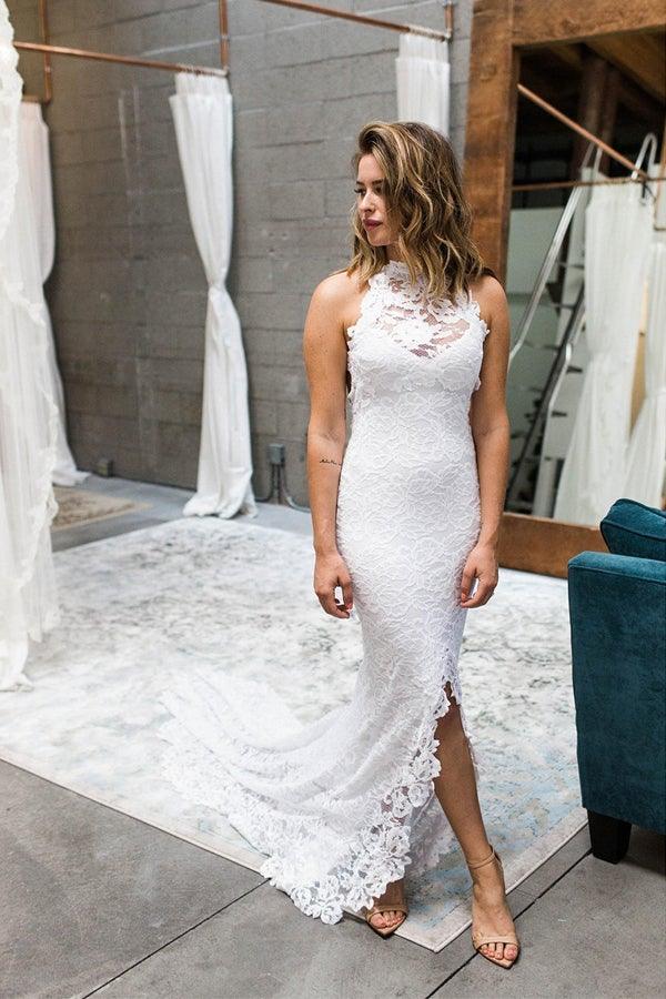 Sheath High Neck Sweep Train Open Back Lace Wedding Dress with Split WD397 - Pgmdress