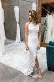 Sheath High Neck Sweep Train Open Back Lace Wedding Dress with Split WD397 - Pgmdress