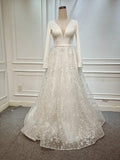 A Line Elegant Long Sleeves V Neck Beach Wedding Dress Bridal Gown WD551 - Pgmdress