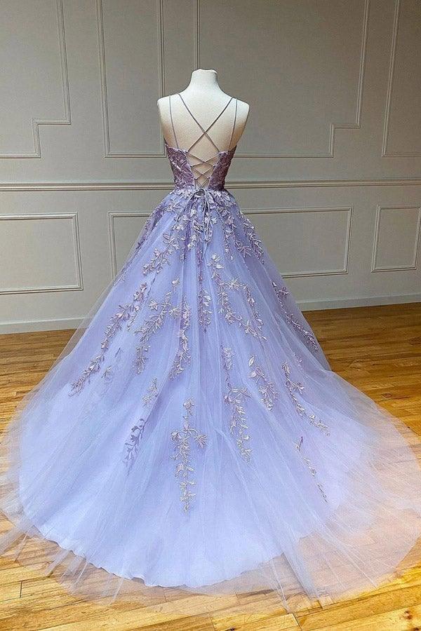 Pink Tulle Lace Long Prom Dress Scoop Spaghetti Formal Evening Gowns PSK014 - Pgmdress