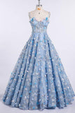 Spaghetti Strap Flower Applique Sky Blue Prom Dresses Evening Dresses PG694 - Pgmdress