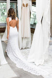 Sheath High Neck Sweep Train Open Back Lace Wedding Dress with Split WD397 - Pgmdress