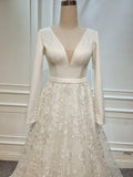 A Line Elegant Long Sleeves V Neck Beach Wedding Dress Bridal Gown WD551 - Pgmdress