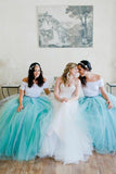 Two Piece Spaghetti Straps Sweep Train Mint Tulle Bridesmaid Dress BD082 - Pgmdress