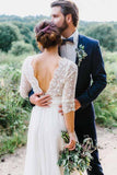 3/4 Sleeve See Through Backless Lace & Chiffon Wedding Dresses WD291 - Pgmdress