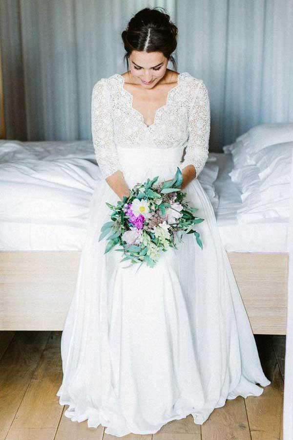 3/4 Sleeve See Through Backless Lace & Chiffon Wedding Dresses WD291 - Pgmdress