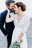 3/4 Sleeve See Through Backless Lace  Chiffon Wedding Dresses   WD291