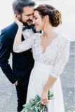 3/4 Sleeve See Through Backless Lace & Chiffon Wedding Dresses WD291 - Pgmdress