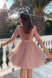 3/4 Sleeves Short Prom Dress Pink Homecoming Dress with Open Back PD330 - Pgmdress