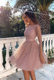 3/4 Sleeves Short Prom Dress Pink Homecoming Dress with Open Back PD330
