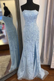 Mermaid Strapless Sky Blue Split Prom/Formal Dress With Lace PSK075 - Pgmdress