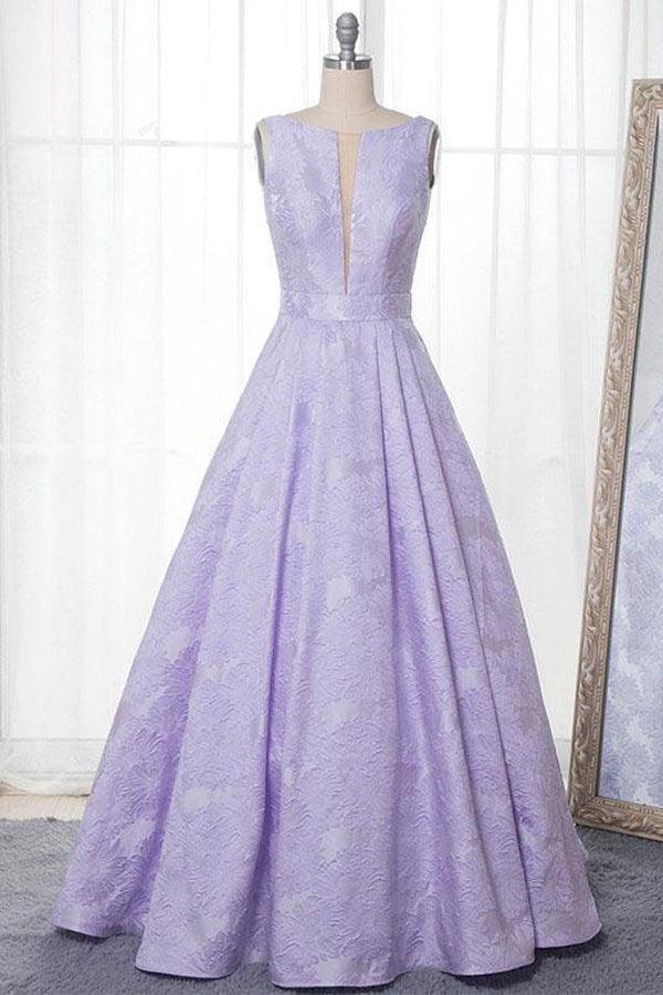 A-Line Bateau Sleeveless Sweep Train Lilac Floral Satin Prom/Formal Dress PSK113 - Pgmdress