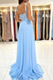 A-Line Chiffon Lace Long Prom Dress Blue Chiffon Formal Dress PSK332 - Pgmdress