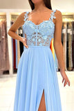 A-Line Chiffon Lace Long Prom Dress Blue Chiffon Formal Dress PSK332 - Pgmdress