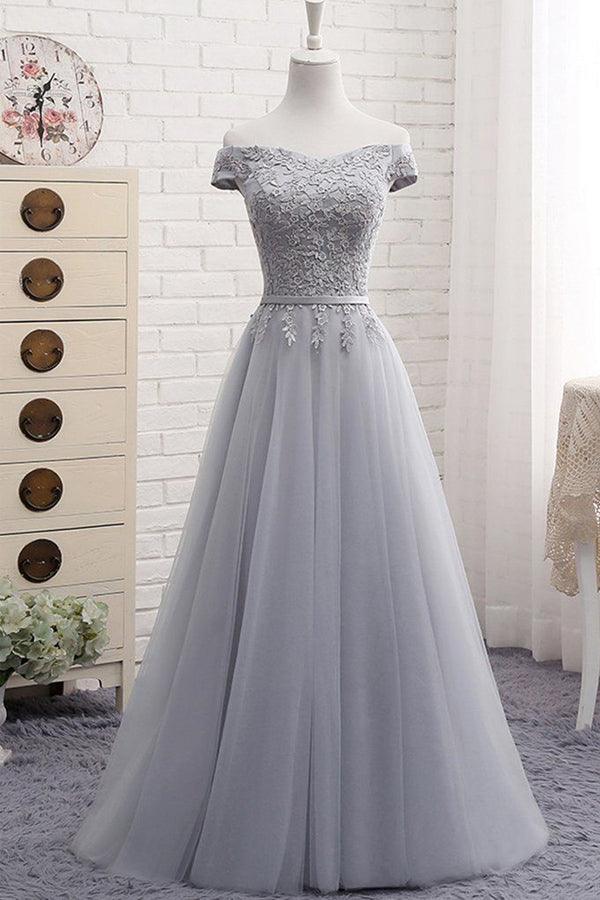 A-Line Gray Off The Shoulder Tulle Lace-Up Sweetheart Prom Dress PG494 - Pgmdress