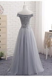 A-Line Gray Off The Shoulder Tulle Lace-Up Sweetheart Prom Dress PG494 - Pgmdress