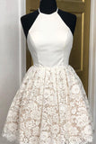 A-Line Ivory Lace Halter Neckline Backless Short Homecoming Dress PD449 - Pgmdress