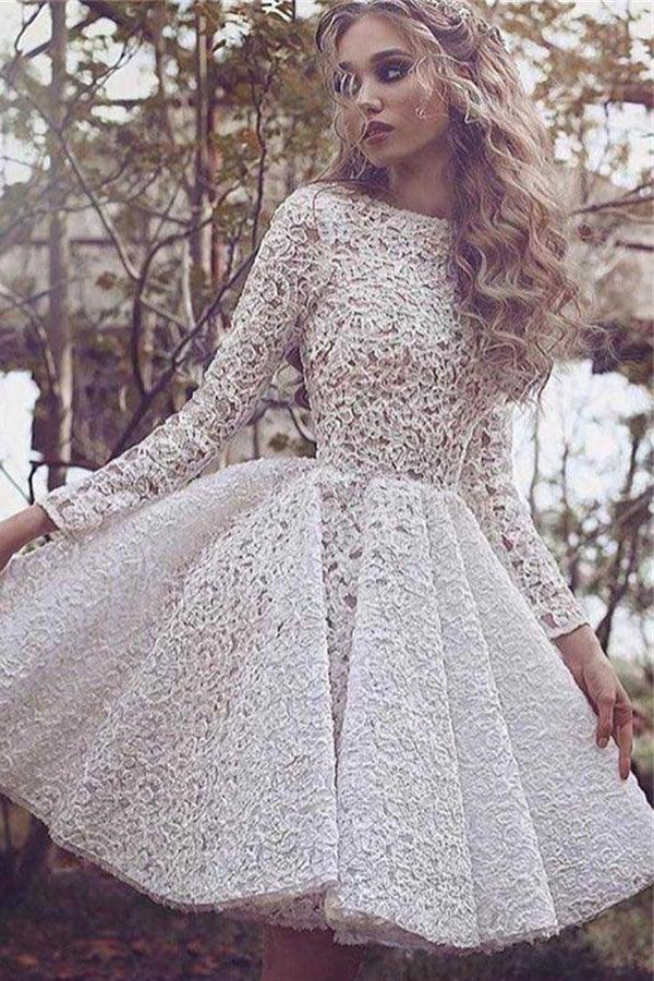 A-line Knee-length Ivory Long Sleeves Lace Homecoming Dress PD004 - Pgmdress