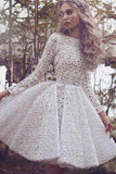 A-line Knee-length Ivory Long Sleeves Lace Homecoming Dress  PD004