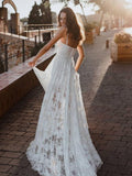 A-Line Lace Backless V-Neck Spaghetti Straps Lace Beach Wedding Dress WD566 - Pgmdress
