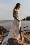 A-Line Lace Backless V-Neck Spaghetti Straps Lace Beach Wedding Dress WD566