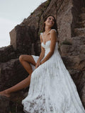 A-Line Lace Backless V-Neck Spaghetti Straps Lace Beach Wedding Dress WD566 - Pgmdress