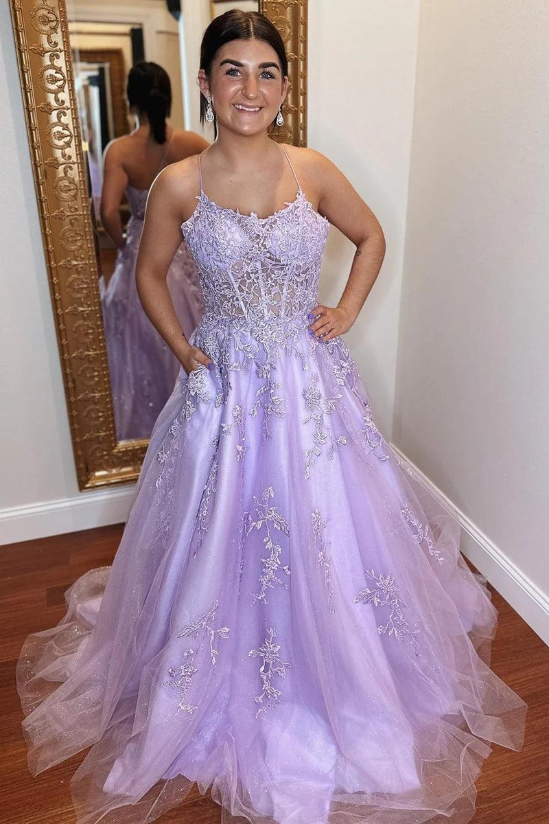 A-Line Lavender Tulle Applique Lace Up Back Prom Evening Dress PSK429 - Pgmdress