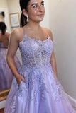 A-Line Lavender Tulle Applique Lace Up Back Prom Evening Dress PSK429 - Pgmdress