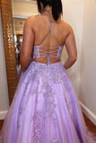 A-Line Lavender Tulle Applique Lace Up Back Prom Evening Dress PSK429 - Pgmdress