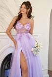 A-Line Lilac Tulle Split Long Prom Formal Dress With Beading PSK324 - Pgmdress