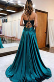 A-Line Long Satin Dark Green Prom Evening Dress with Split PSK406 - Pgmdress