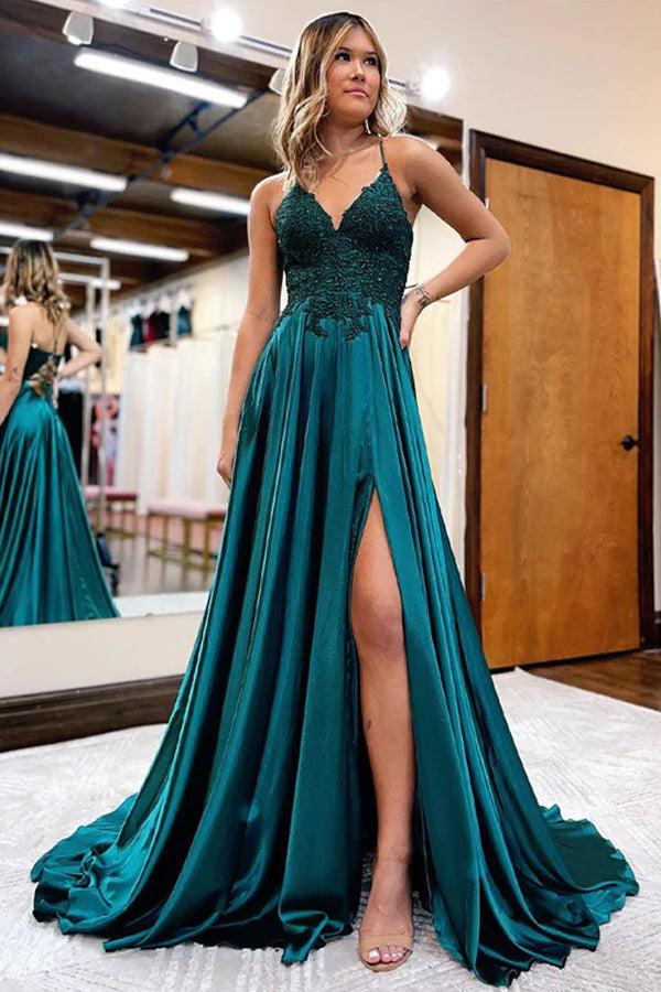 A-Line Long Satin Dark Green Prom Evening Dress with Split PSK406 - Pgmdress