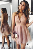 A-Line Pink Tulle Deep V-neck Backless Pleats Mini Homecoming Dress PD440