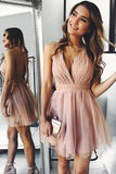 A-Line Pink Tulle Deep V-neck Backless Pleats Mini Homecoming Dress PD440 - Pgmdress