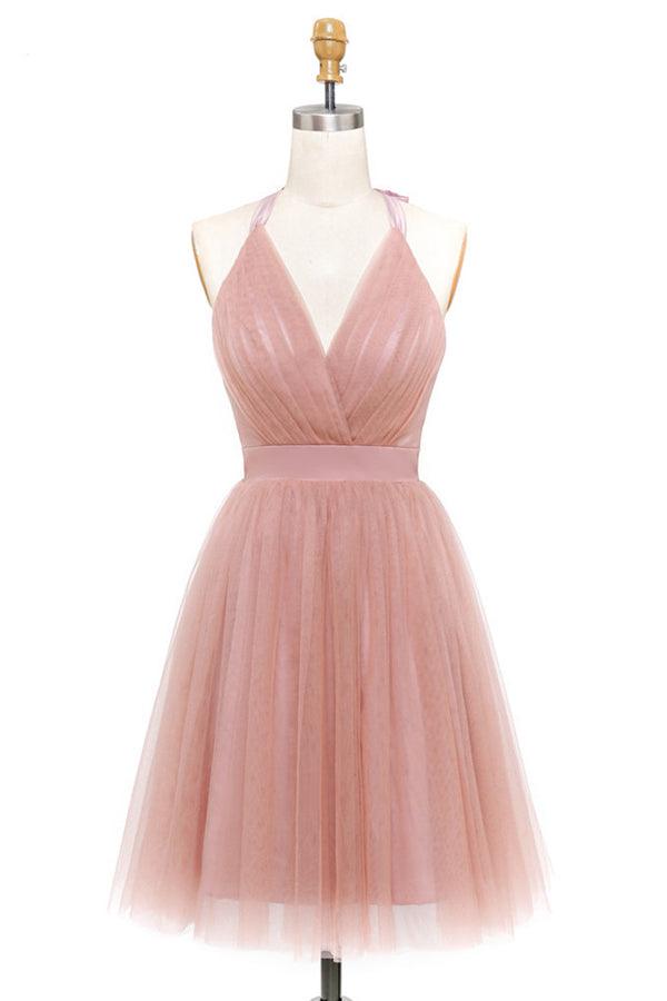 A-Line Pink Tulle Deep V-neck Backless Pleats Mini Homecoming Dress PD440 - Pgmdress