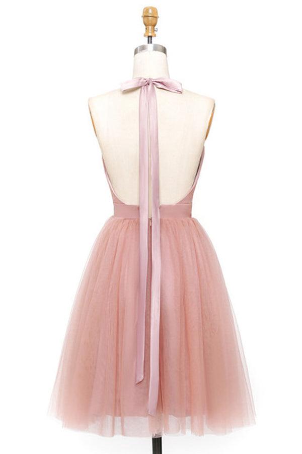 A-Line Pink Tulle Deep V-neck Backless Pleats Mini Homecoming Dress PD440 - Pgmdress