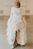 A-Line Round Neck Court Train Tulle Wedding Dress with Long Sleeves WD307 - Pgmdress