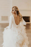 A-Line Round Neck Court Train Tulle Wedding Dress with Long Sleeves WD307 - Pgmdress