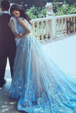 A-Line Square Chapel Train Sleeveless Blue Tulle Wedding Dress WD183 - Pgmdress