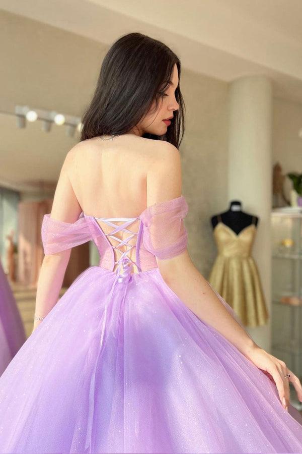 Purple Off the Shoulder A-line Sparkly Tulle Modest Party Long Prom Dr –  bridalsew