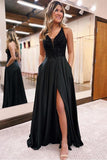 Schwarzes langes Ballkleid in A-Linie mit V-Ausschnitt, geteiltes Abendkleid mit Taschen PSK399