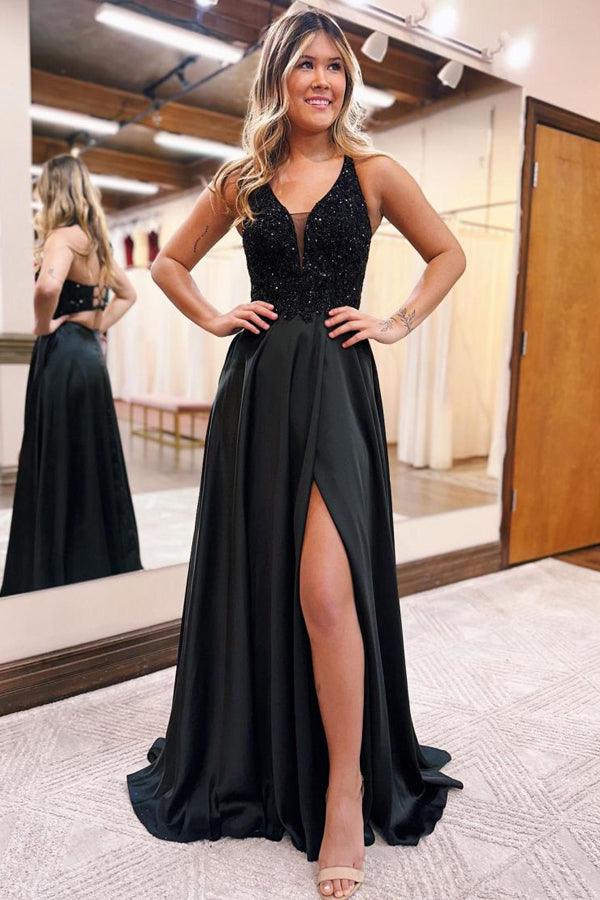 A-Line V-Neck Black Long Prom Dress Split Evening Dress With Pockets PSK399