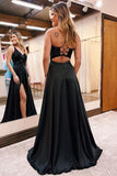 A-Line V-Neck Black Long Prom Dress Split Evening Dress With Pockets PSK399 - Pgmdress