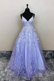 A-Line V-Neck Lavender Lace Floral Long Prom Evening Dress  PSK385