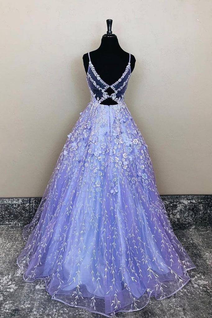 A-Line V-Neck Lavender Lace Floral Long Prom Evening Dress PSK385 - Pgmdress