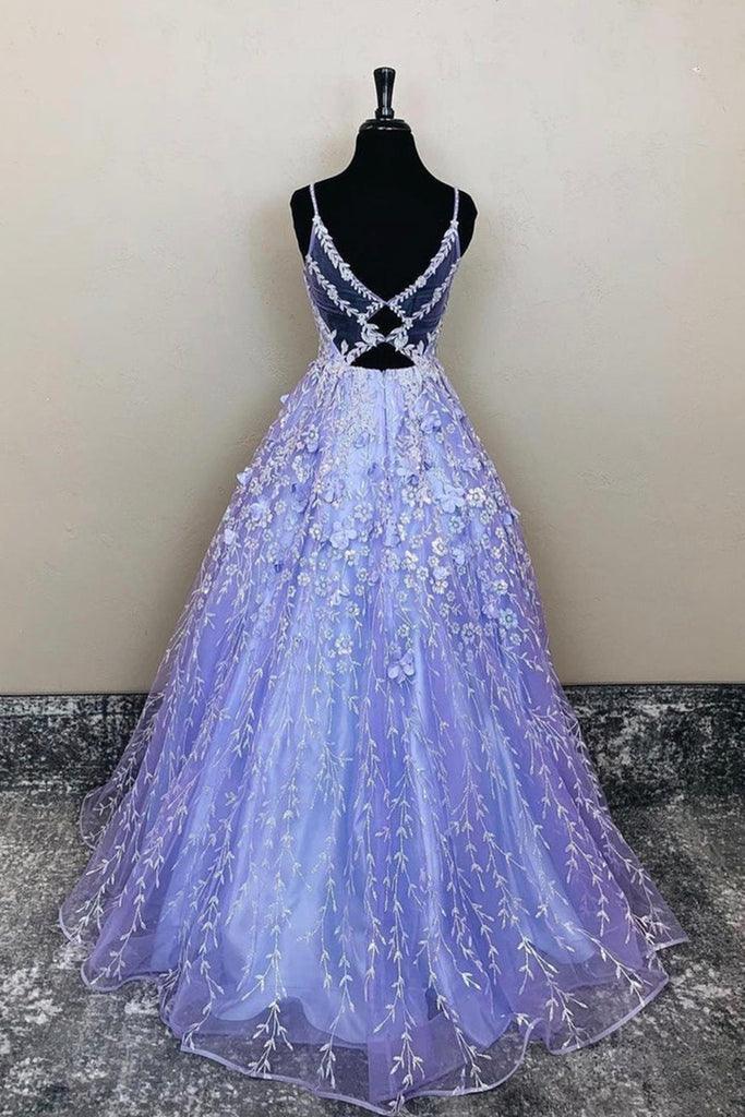 A-Line V-Neck Lavender Lace Floral Long Prom Evening Dress PSK385 US12 / As Picture A-Line V-Neck Lavender Lace Floral Long Prom Evening Dress PSK385 US12 / As Picture