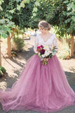 A-Line V-Neck Long Sleeves Pink Tulle Wedding Dress with Lace Appliques WD545 - Pgmdress