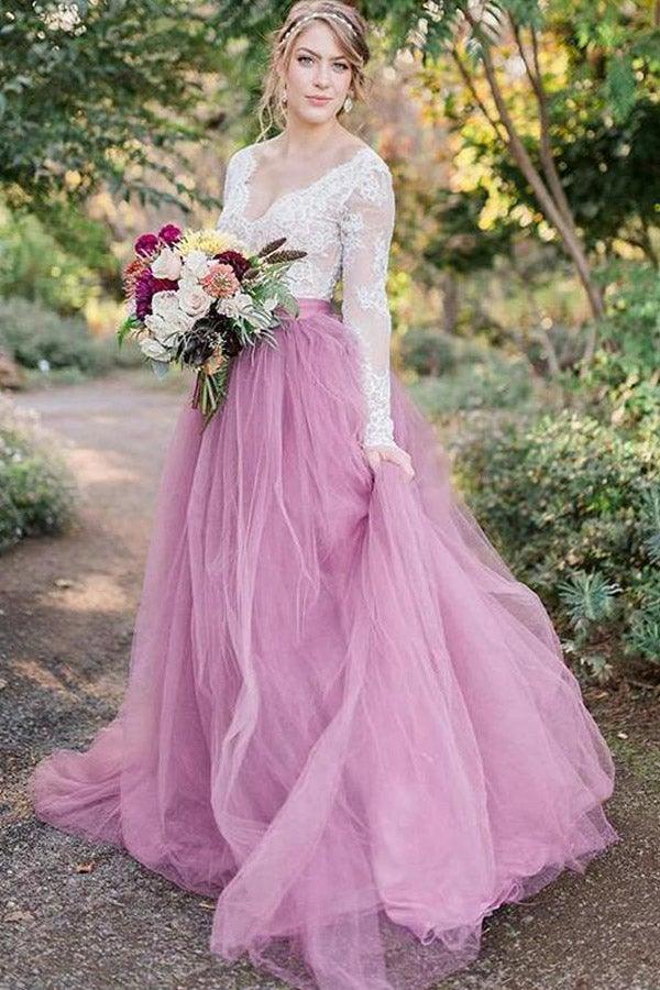 A-Line V-Neck Long Sleeves Pink Tulle Wedding Dress with Lace Appliques WD545 - Pgmdress