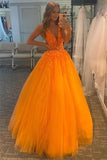A-Line V-Neck Orange Tulle Lace Appliques Evening Dresses Prom Dresses PSK350