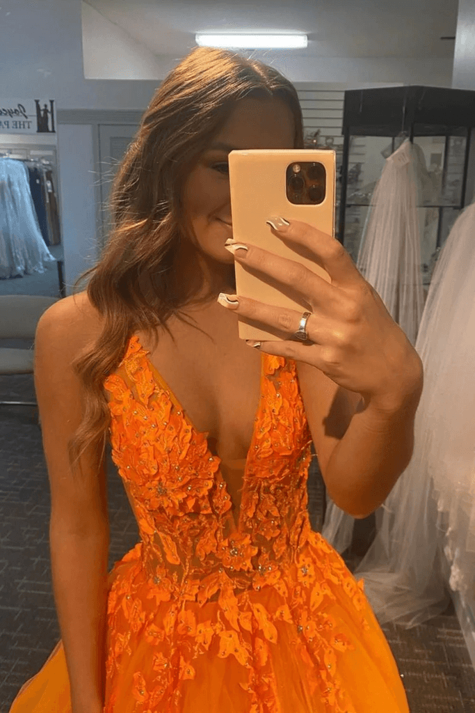 A-Line V-Neck Orange Tulle Lace Appliques Evening Dresses Prom Dresses PSK350 - Pgmdress